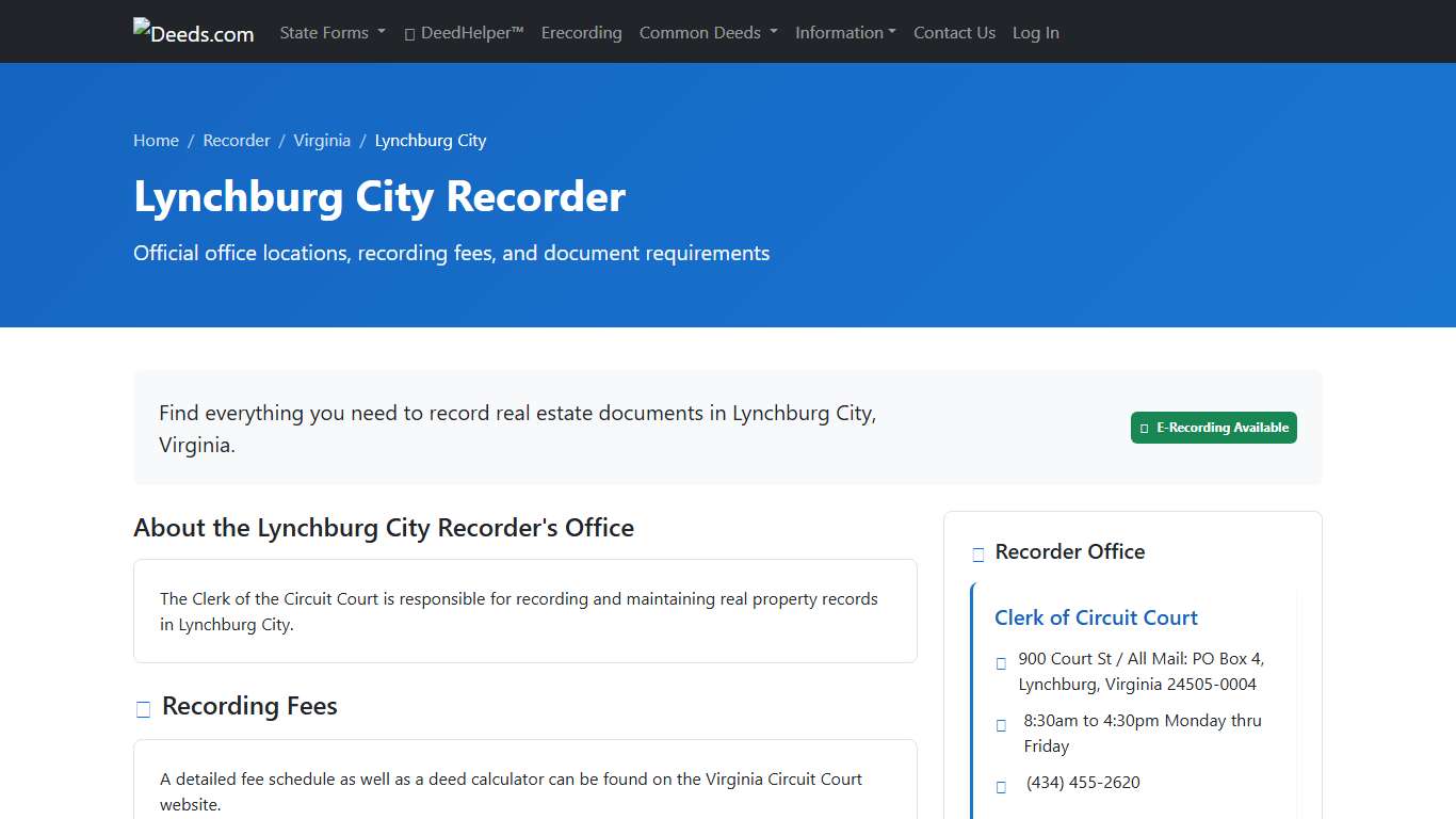 Lynchburg City Recorder Information, Virginia - Deeds.com
